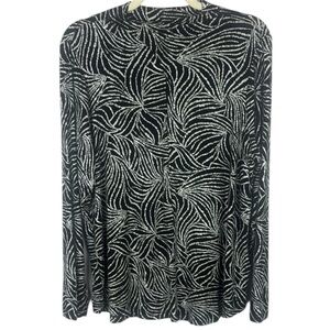 Olsen Hannah Black & White Leaf Patterned Glitter Accents Long Sleeve Top Size L